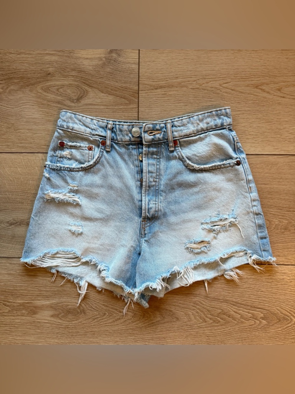Zara Denim High Waisted Shorts Distressed Light Wash